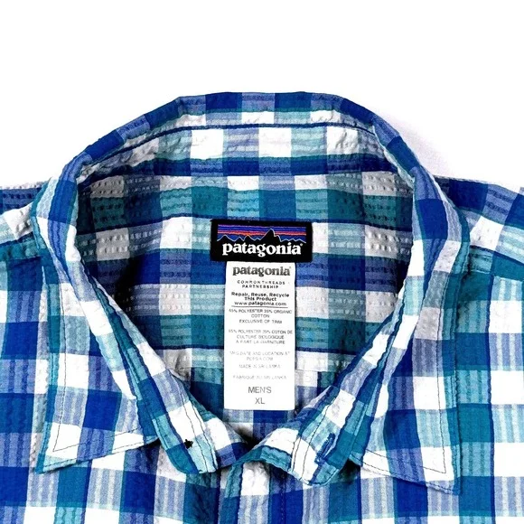 Patagonia Blue Teal Plaid Seersucker Short Sleeve Button Down Shirt Mens XL - Picture 2 of 5